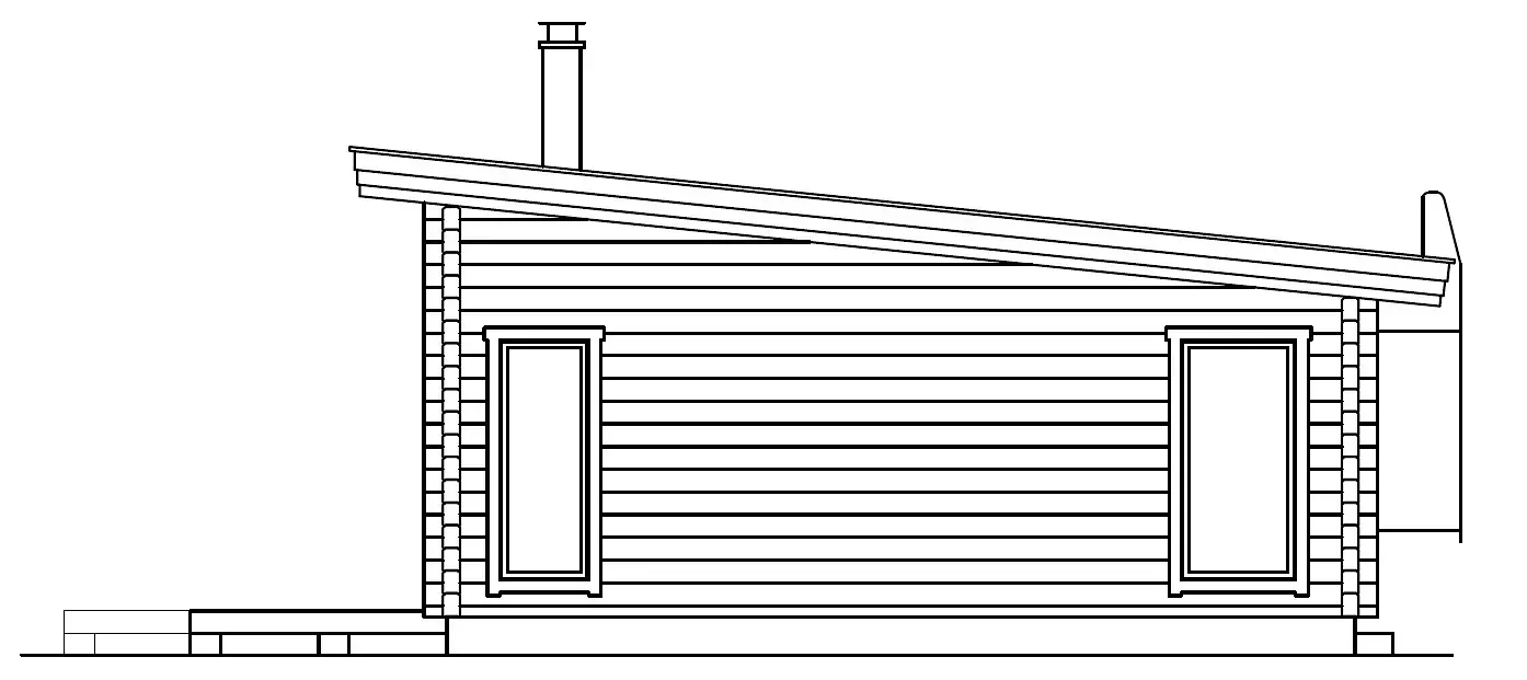 Sidevisning av en liten hytte med skråtak, skorstein og to vinduer.