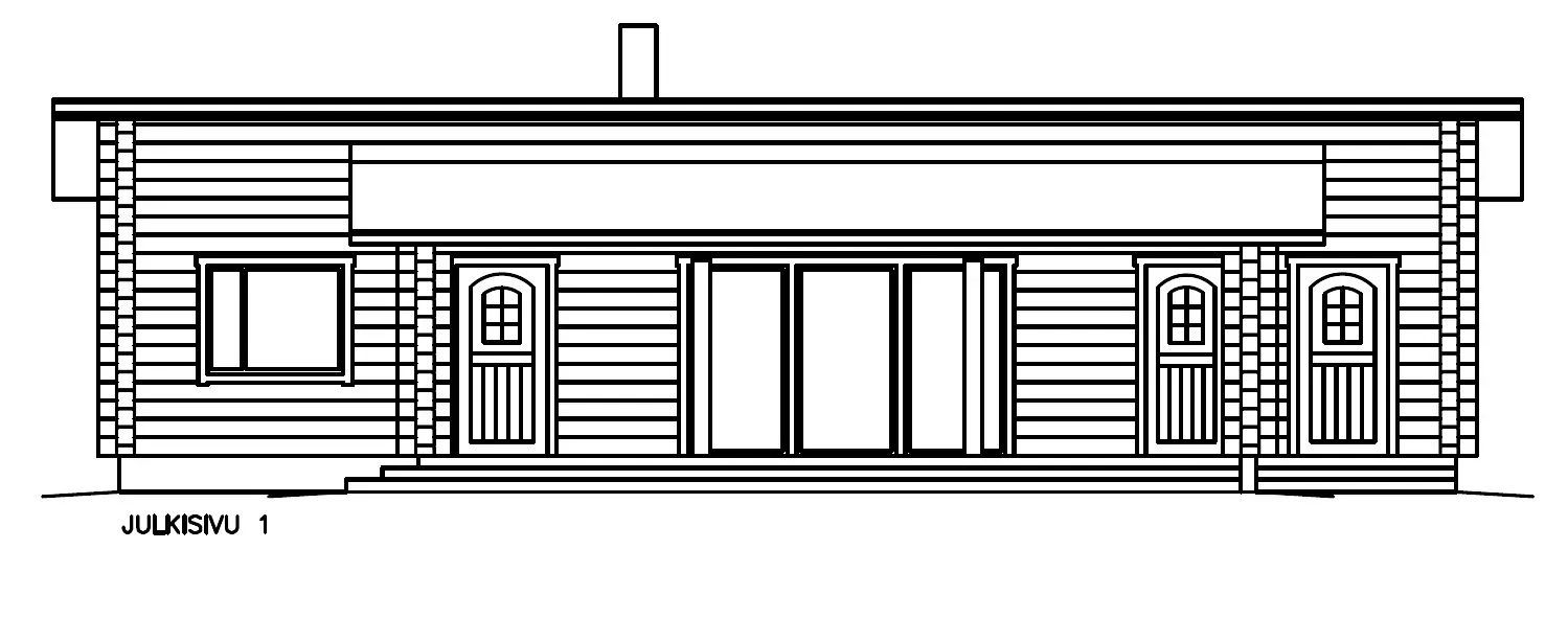 Tegning av en lang, lav hytte med skorstein, flere dører og vinduer.