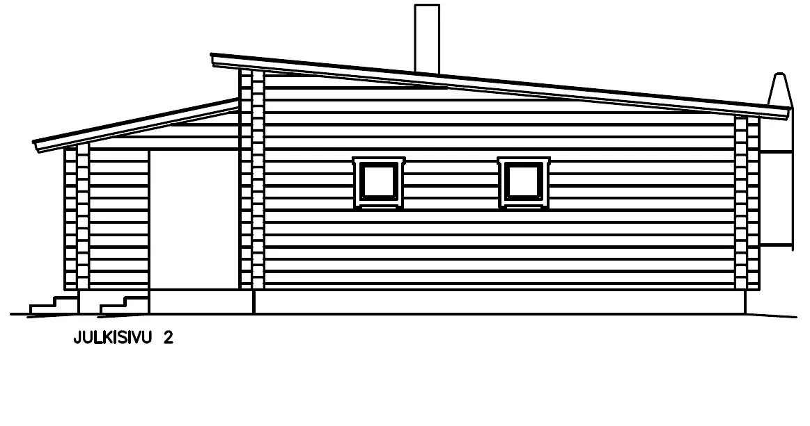 Sidevisning av en trehytte med skråtak, to vinduer, en skorstein og en dør.