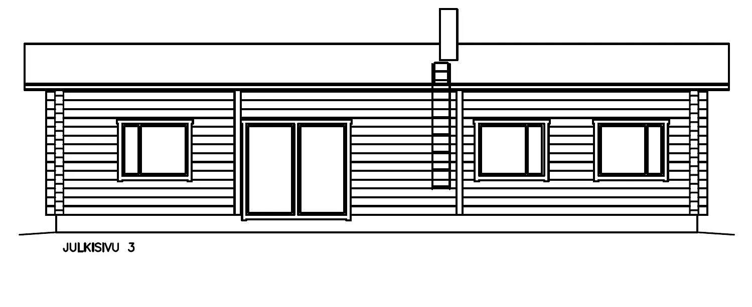Fasadetegning av en liten trehytte med vinduer, en dør og en skorstein.