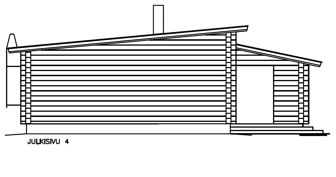 Sidevisning av en tømmerhytte med skråtak, skorstein og døråpning.