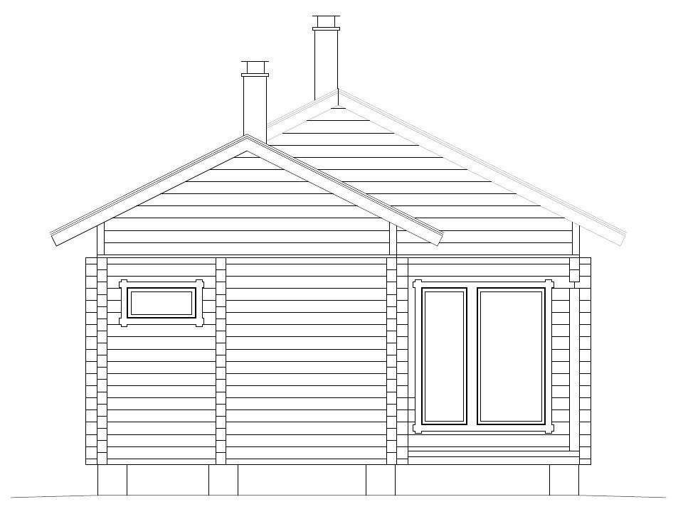 Frontfasade av en liten trehytte med saltak, skorstein og skyvedør i glass.