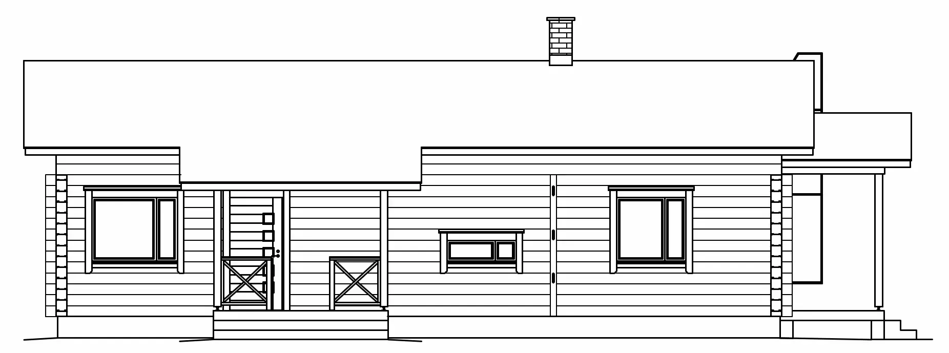 Seitenansicht einer Blockhütte mit Fenstern, Veranda und Schornstein.