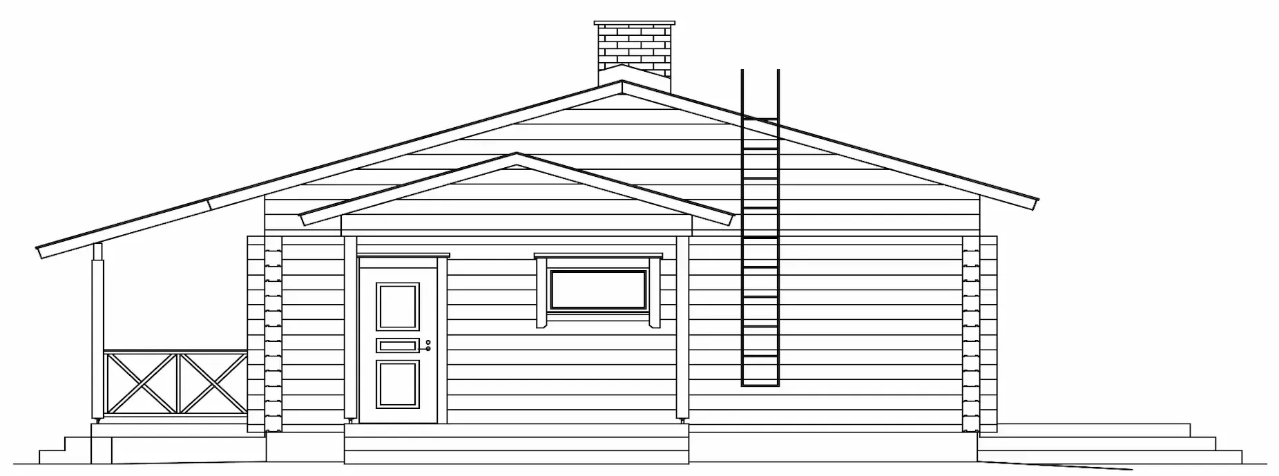 Seitenansicht einer Blockhütte mit Veranda, Tür, Fenster, Schornstein und Leiter.