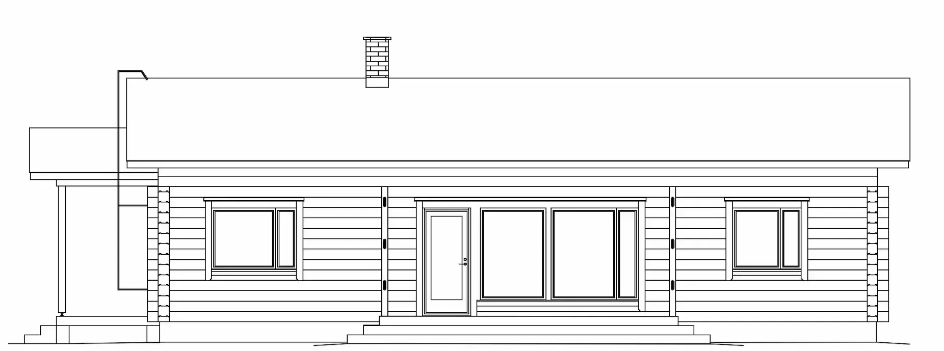 Architekturzeichnung eines langen, einstöckigen Hauses mit Fenstern, einer Tür und einem Schornstein.