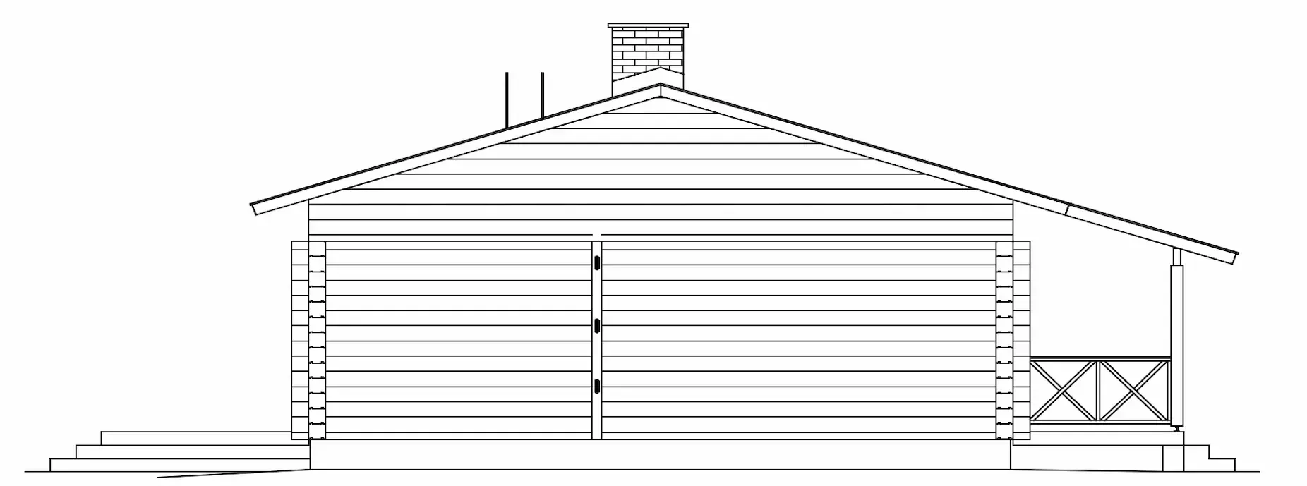 Architekturzeichnung einer Blockhütte mit Kamin und Veranda.
