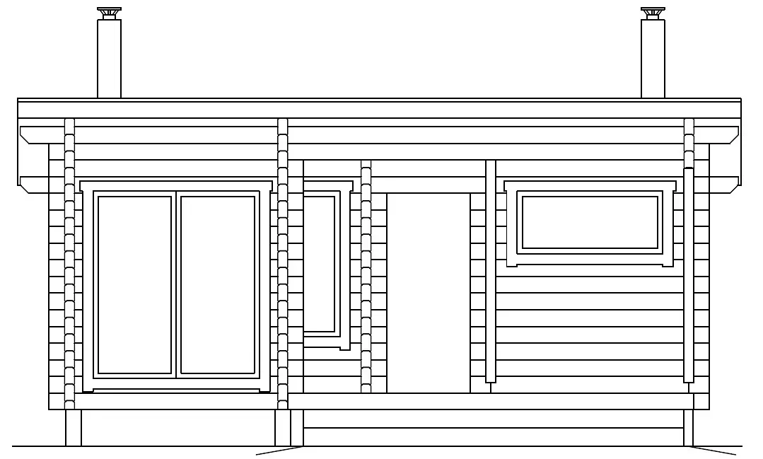 Svartvit arkitektonisk fasad av en liten byggnad med stora fönster, en dörr och två skorstenar.
