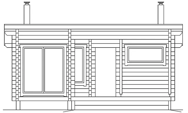 Framifrån av en liten trästuga med dörr, fönster och skorstenar.