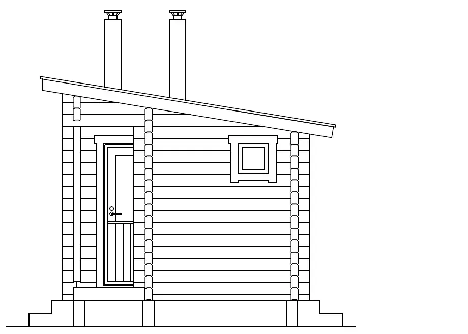 Svartvit sidovy av en stuga med snedtak, skorstenar, en dörr och ett fönster.