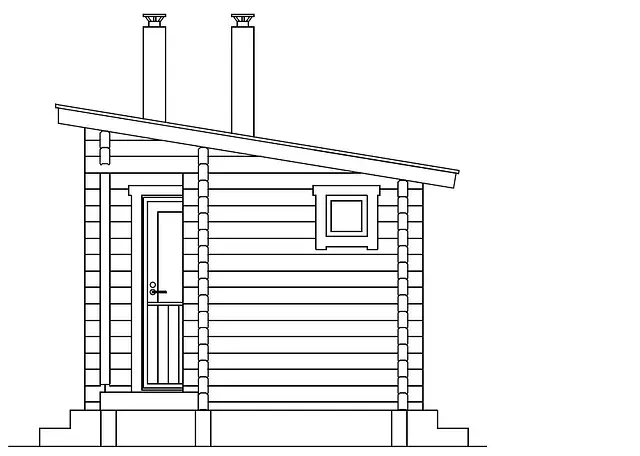 Sidovy av en liten trästuga med snedtak, skorsten och en dörr med ett litet fönster.