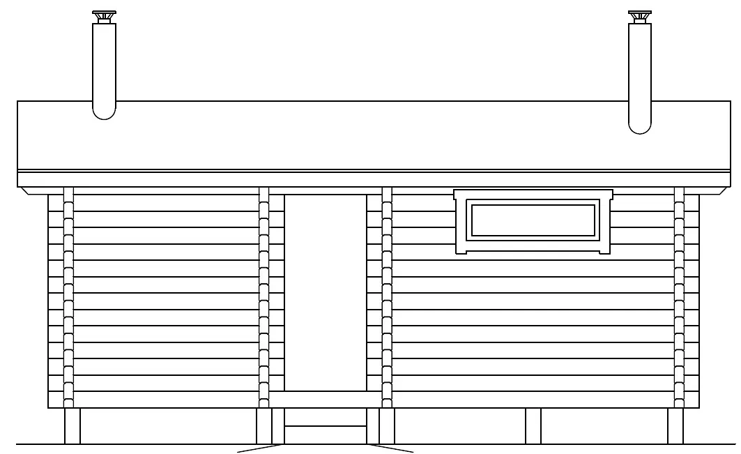 Linjeritning av en byggnadsfasad med skorstenar, ett fönster och flera horisontella linjer.