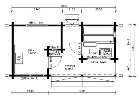 Planritning av en liten stuga med vardagsrum, badrum och kök, med mått i meter.