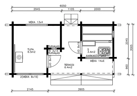 Planritning av en liten stuga med markerade rum: vardagsrum (TUPA), badrum (TURVALSI) och kök (KEITTA).