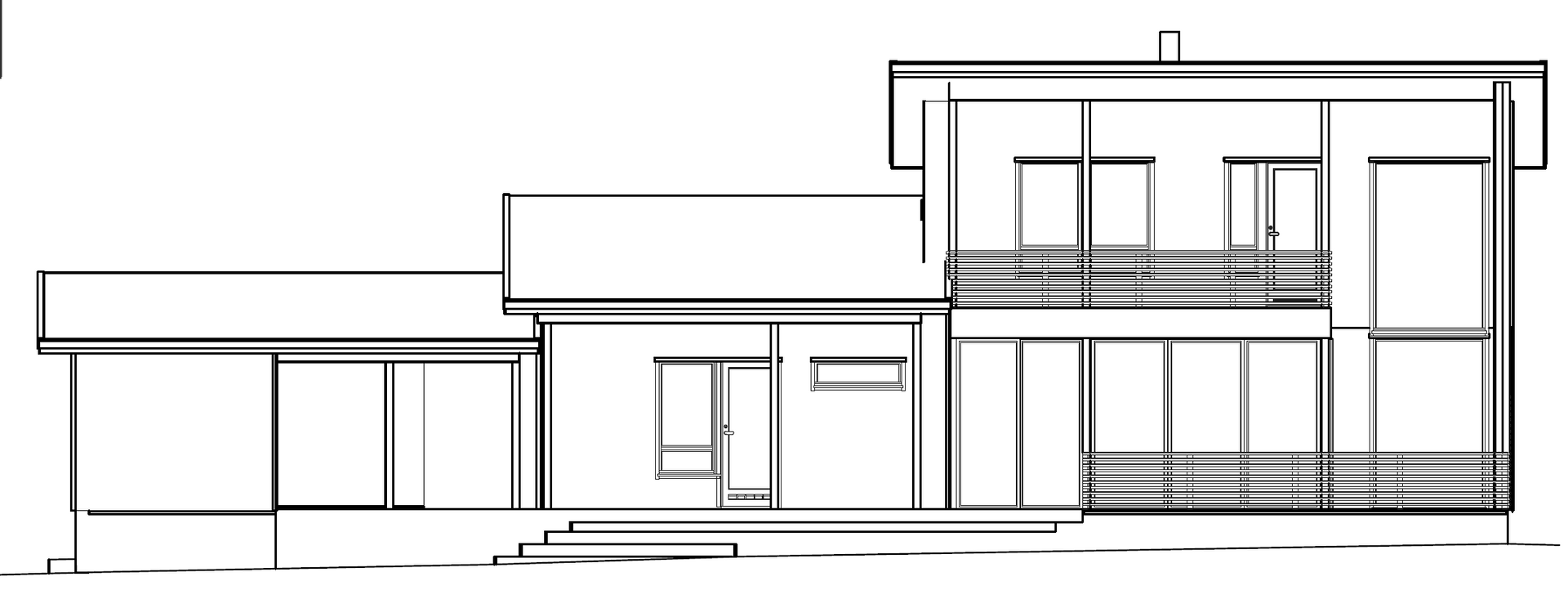 Arkitektonisk linjetegning av et moderne hus med en toetasjes seksjon og en carport.