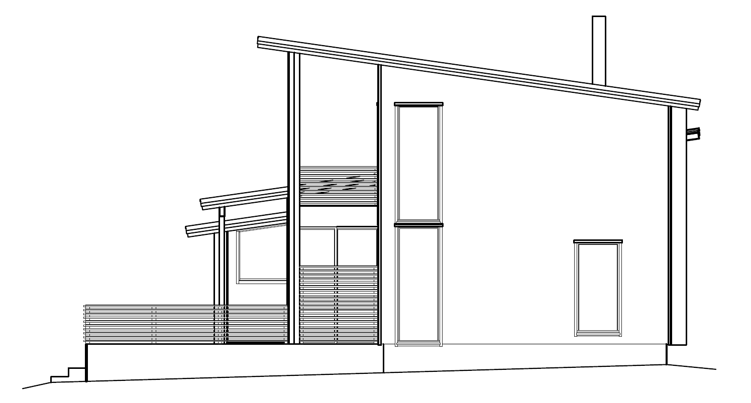 Sidevisning av et moderne hus med skråtak, balkong og trapper som fører til en terrasse.