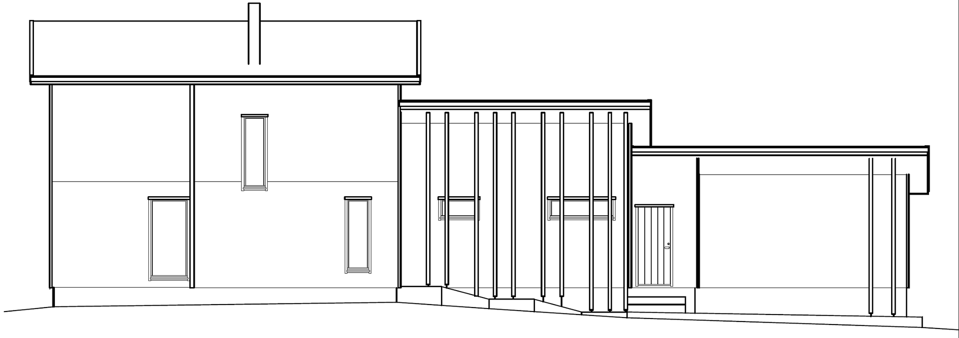 Arkitektonisk linjetegning av en toetasjes bygning med et enetasjes tilbygg.