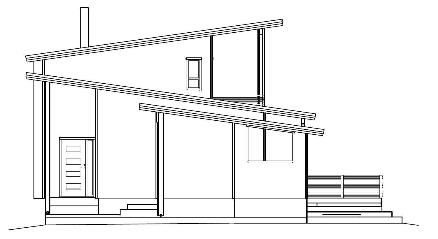 Arkitektonisk linjetegning av et moderne hjem med skråtak, skorstein og terrasse i flere nivåer.