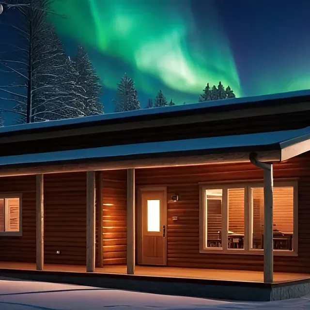 Eine Holzhütte, die nachts von innen unter einem leuchtend grünen Polarlicht beleuchtet wird.