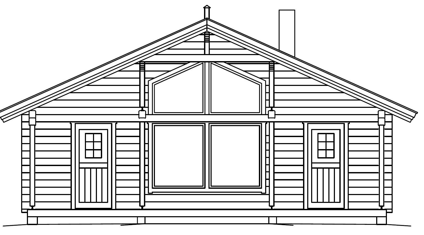 Høydevisning av en tømmerhytte med saltak, store vinduer og skorstein.