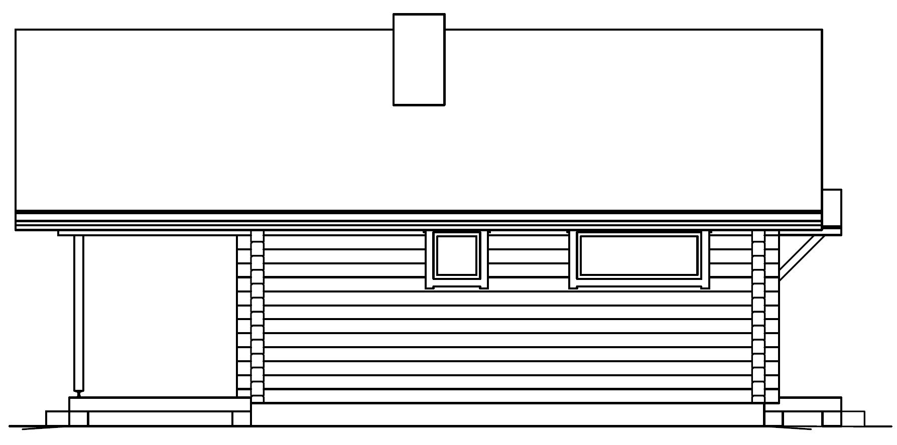 Fasadetegning av en liten hytte med veranda, vinduer og skorstein på hvit bakgrunn.