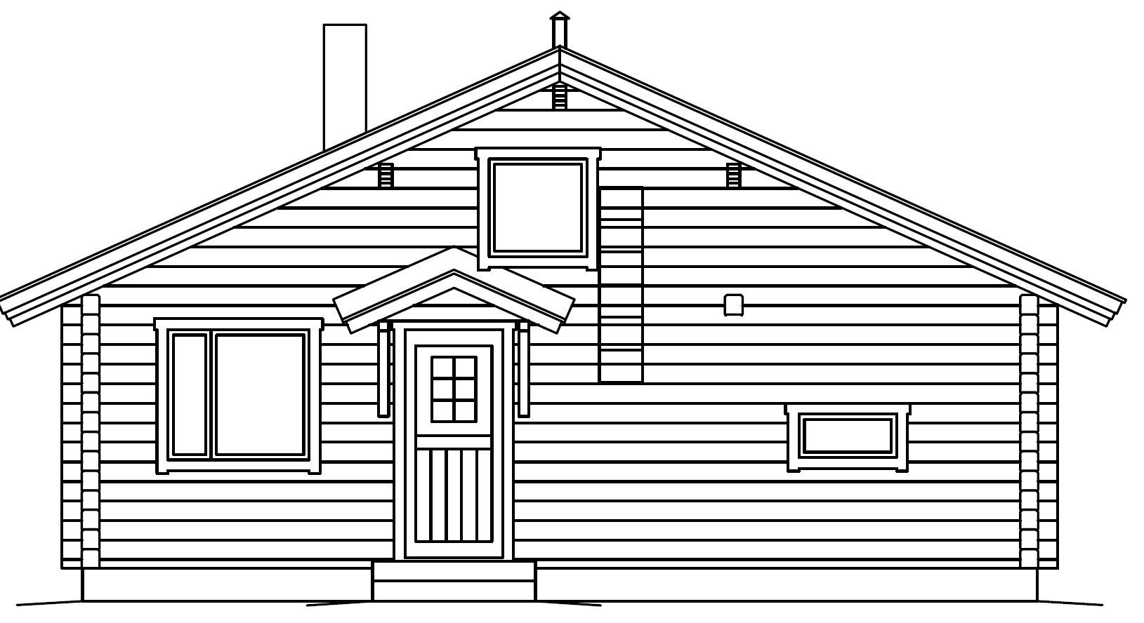 Fasadetegning av en liten hytte med saltak, vinduer og en dør under en liten veranda.