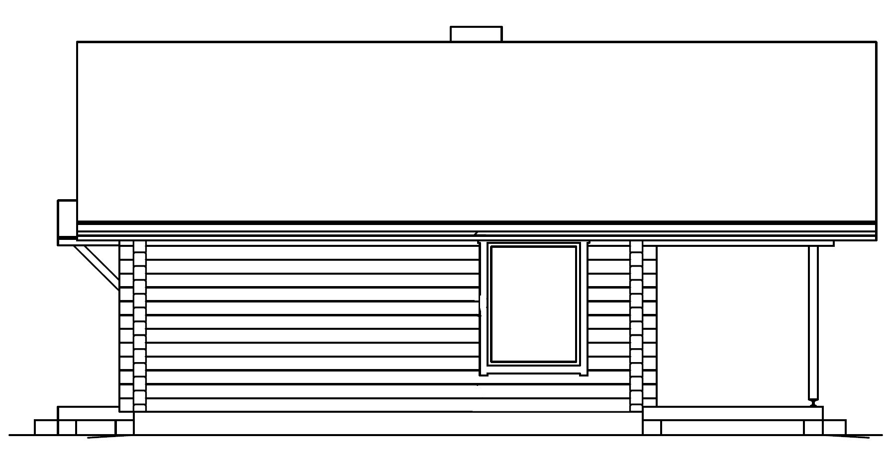 Høydevisning av en tømmerhytte i én etasje med flatt tak og veranda.