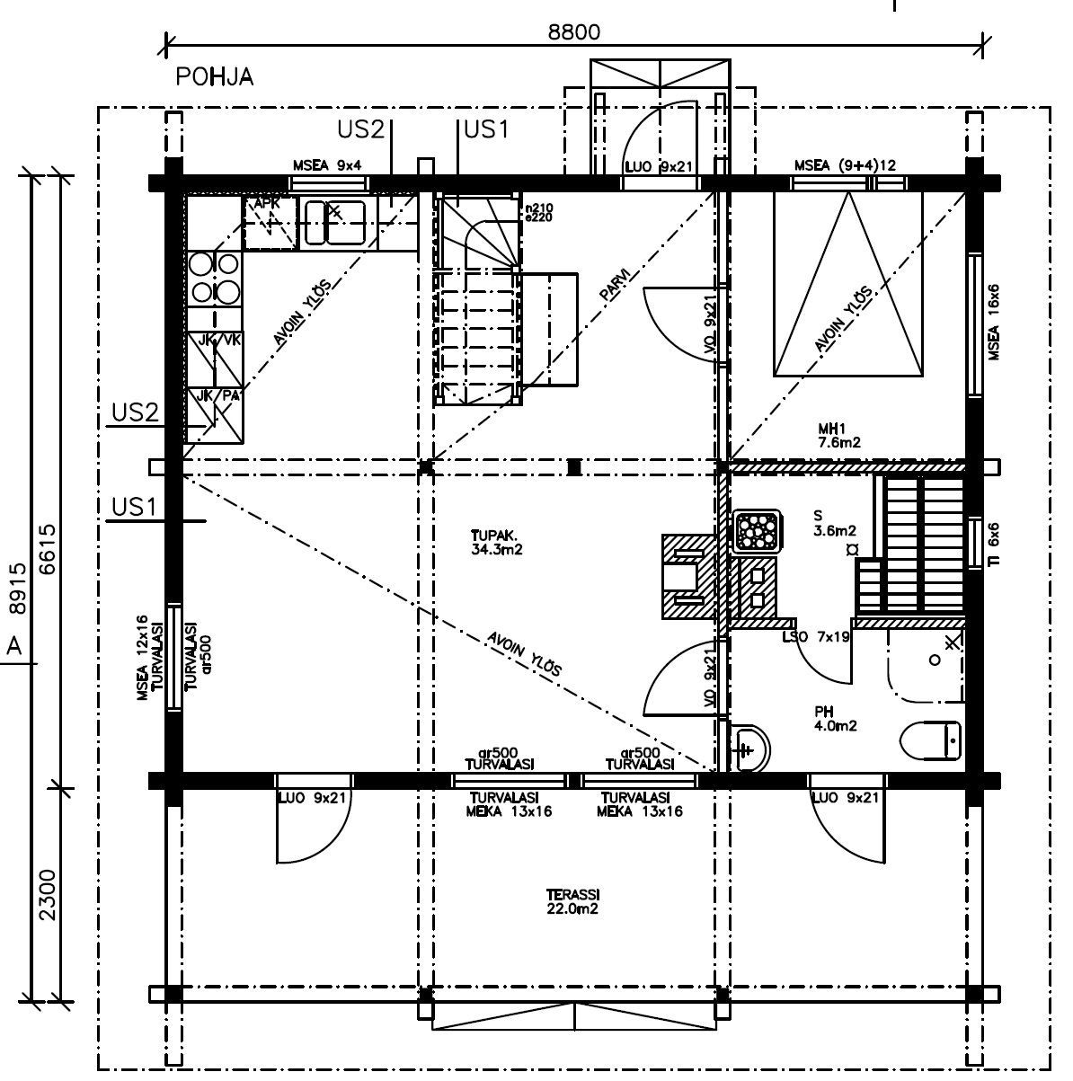 Plantegning av et toetasjes hus, som viser rom, trapper og dimensjoner sett ovenfra og ned.