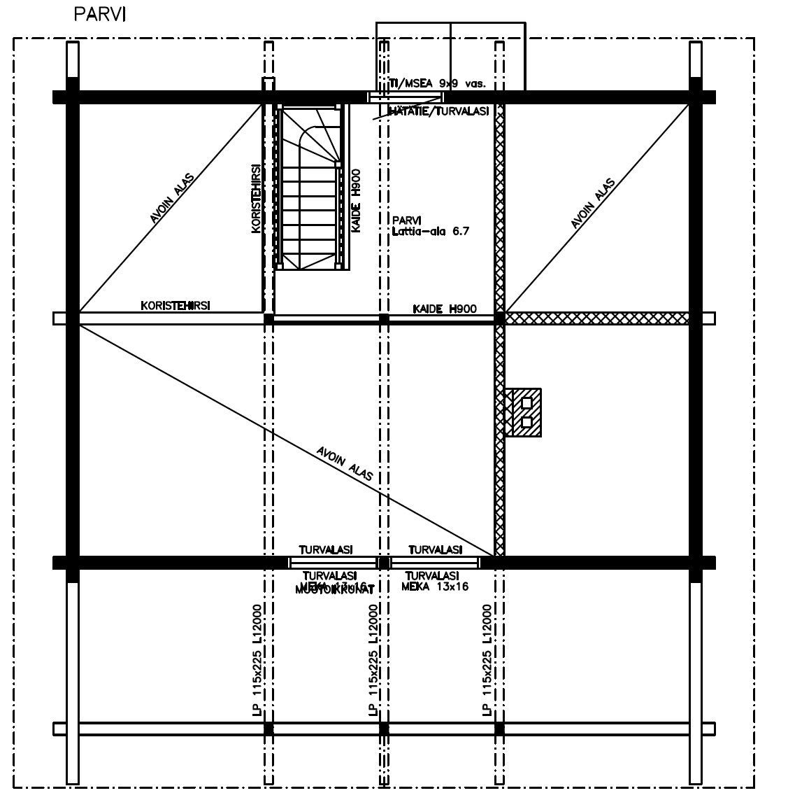 Plantegning med trapper, innervegger og støttebjelker.