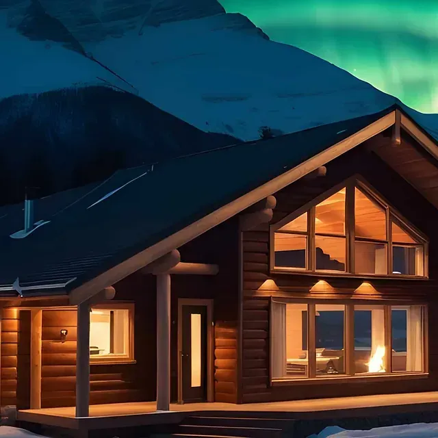 Gemütliche Hütte bei Nacht, beleuchtete Fenster, Berge im Hintergrund mit Polarlichtern.