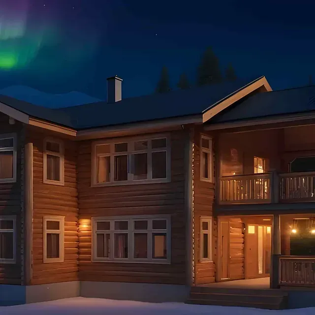 Holzhütte bei Nacht mit Nordlichtern am Himmel. Beleuchtete Fenster und Balkone.
