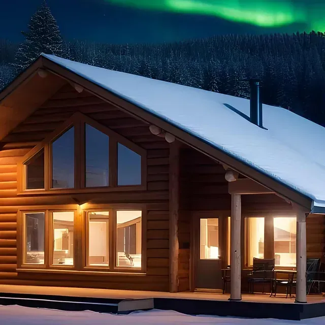 Blockhütte im Winter bei Nacht, beleuchtete Fenster, schneebedecktes Dach, Polarlichter am Himmel.