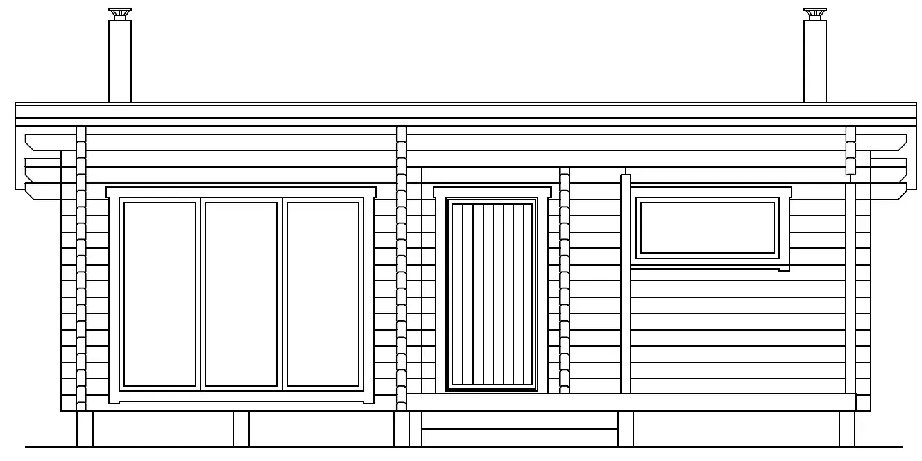 Høydevisning av en hytte med skyvedør, dør og vindu. Den har to skorsteiner.