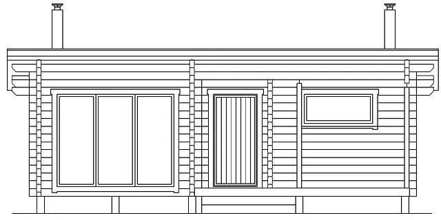 En sidovy av en liten trästuga med fönster, dörr och skorsten.