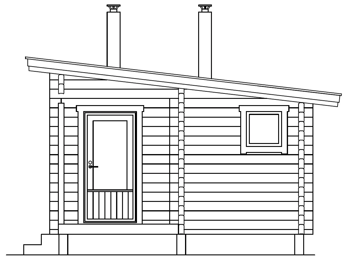 Høydevisning av en liten badstuebygning i tre med dør, vindu, to skorsteiner og skråtak.