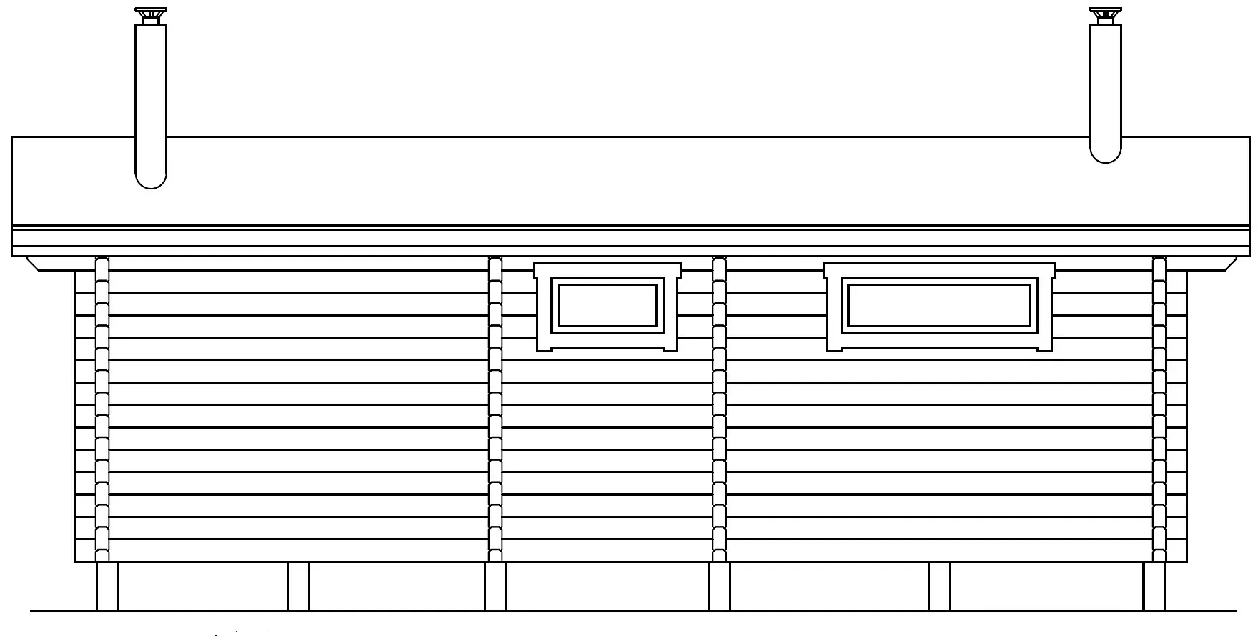 Høydevisning av en liten trehytte med to vinduer, to skorsteiner og et skråtak.