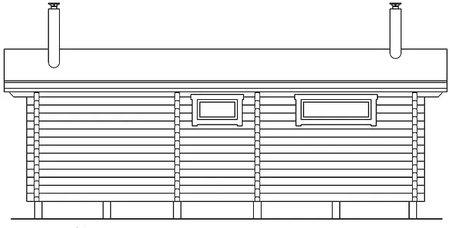 Sidovy av en timmerstuga med två fönster, två skorstenar och ett sluttande tak.
