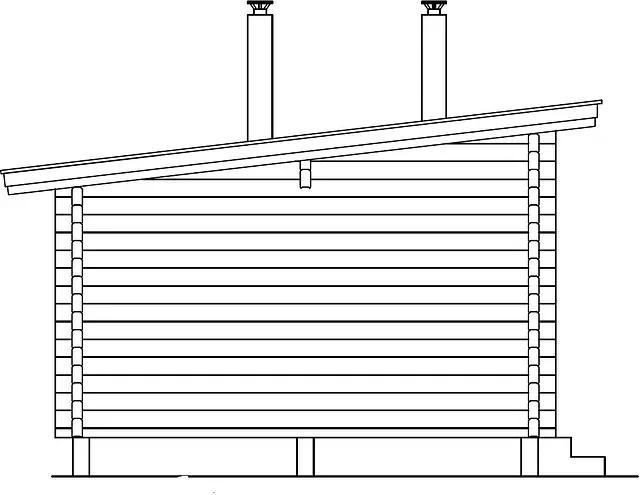 Sidovy av en timmerstuga med snedtak och två skorstenar. Några trappsteg är synliga.