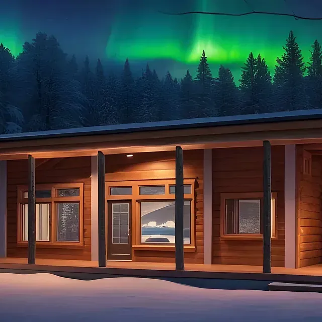 Eine gemütliche Holzhütte unter dem leuchtend grünen Nordlicht und einer verschneiten Landschaft.