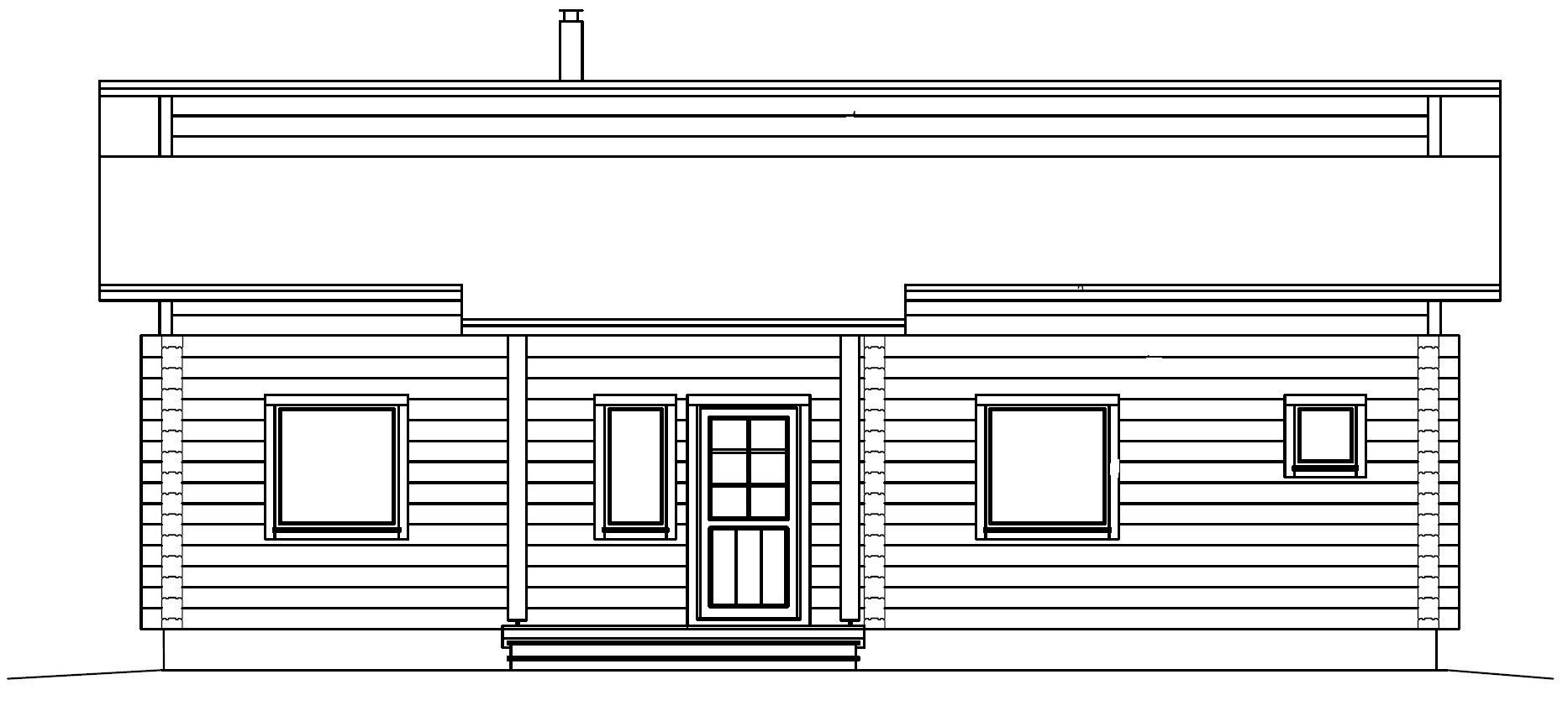 Fasadetegning av en trehytte med flatt tak, vinduer, dør og skorstein.