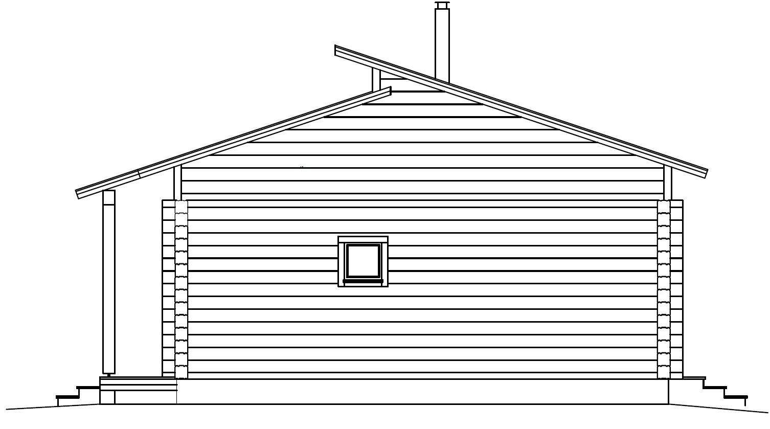 Sidevisning av en liten trehytte med skråtak, vindu, skorstein og veranda.