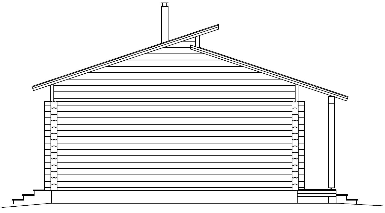 Tverrsnitt av en trehytte med saltak, skorstein og veranda på et fundament med trinn.