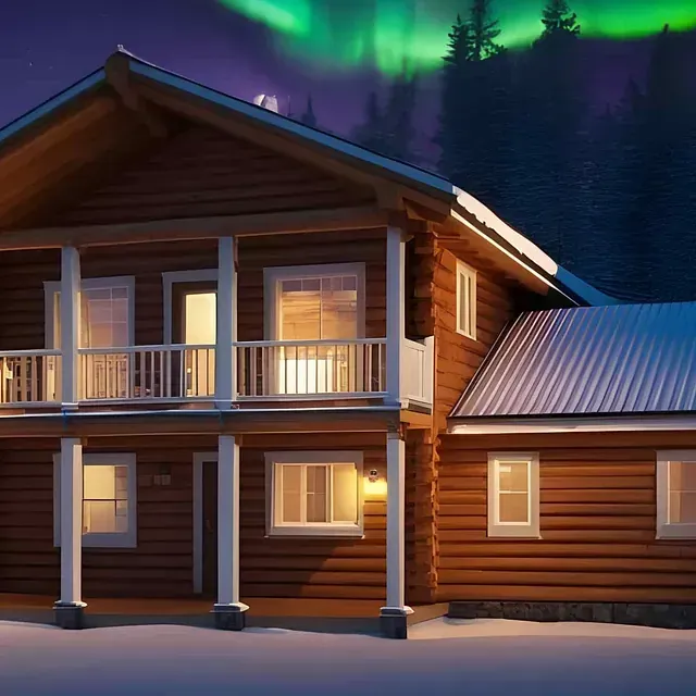 Blockhütte mit Veranda, schneebedecktem Boden und Polarlichtern am Nachthimmel.