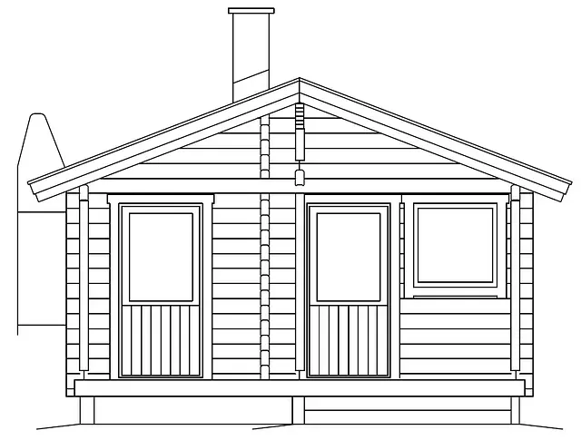 Stuga med sluttande tak, dörrar, fönster och skorsten. Träfasad, utomhus.