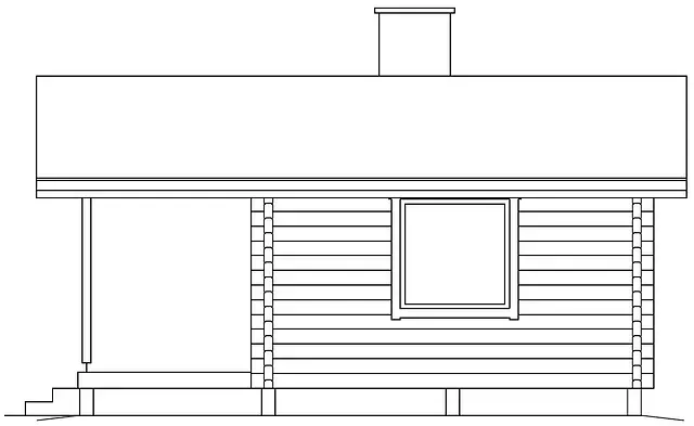 Fasadritning av en liten stuga med veranda, fönster, skorsten och horisontell timmerfasad.