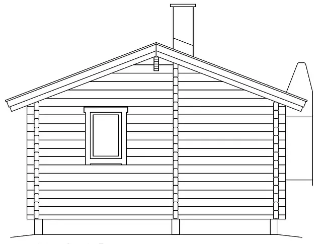Sidovy av en timmerstuga med sadeltak, skorsten och fönster.