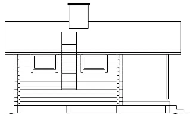 Sidovy av en liten stuga med veranda, fönster och skorsten.