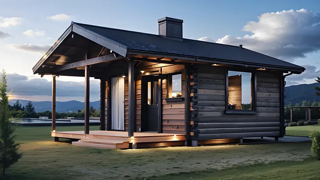 Trästuga med täckt veranda, upplyst i skymningen, belägen på en gräsbevuxen gård med berg i bakgrunden.