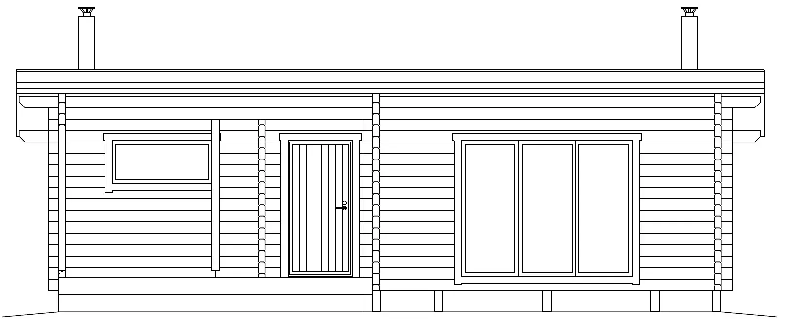 Elevation of a wood cabin with a chimney, door, and windows.