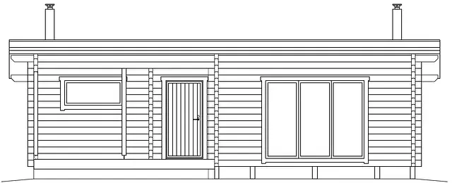 Fasadritning av en trästuga med fönster, dörr och två skjutdörrar i glas.