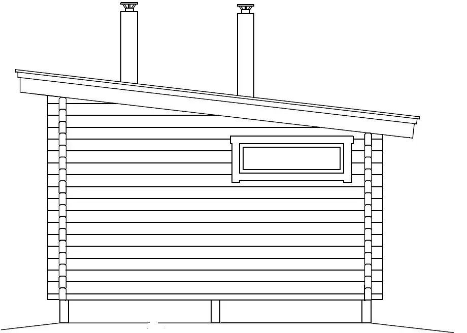 Side view of a log cabin with a slanted roof, window, and two chimneys.